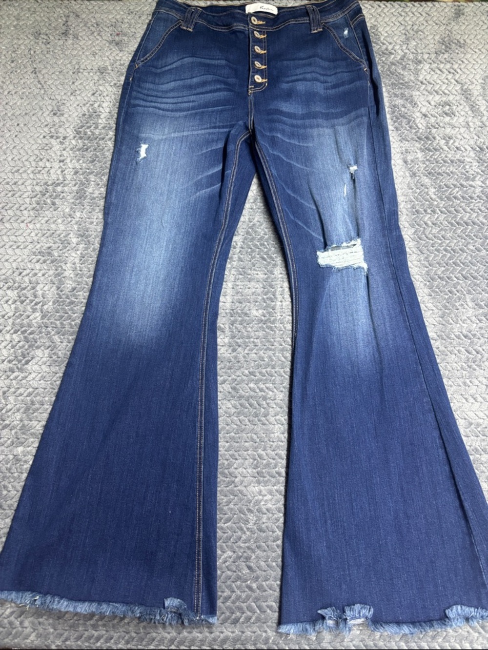 Kancan High-Waist Distressed Dark Blue Flared Jeans